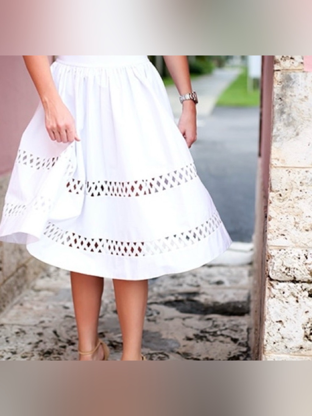 Nwt Alice + Olivia White Cotton Lattice Cutout Midi Skirt Size 4 Msrp $368